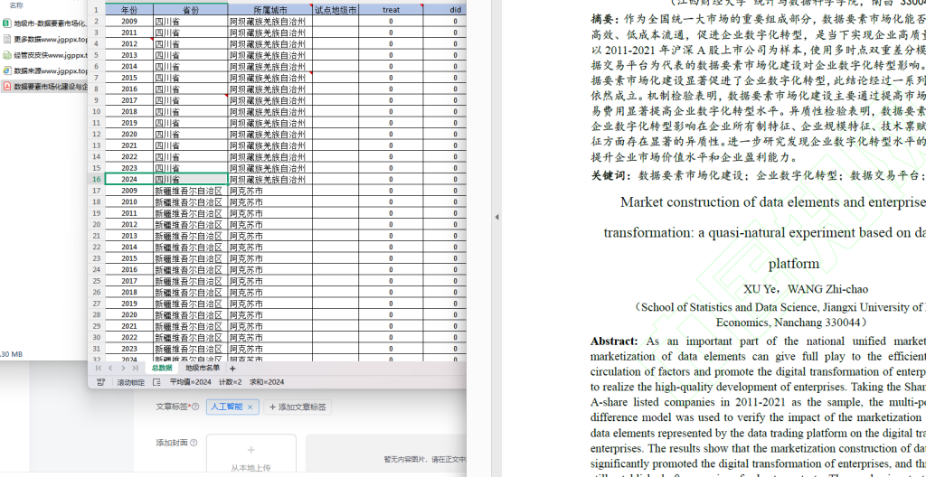 2009-2024年 地级市-数据要素市场化、数据交易平台试点DID（xlsx+文献）